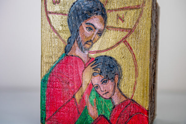 Lupanowe rękodzieło Miniatura ikony „Jezus ze św. Janem” – malunek na starej belce 2