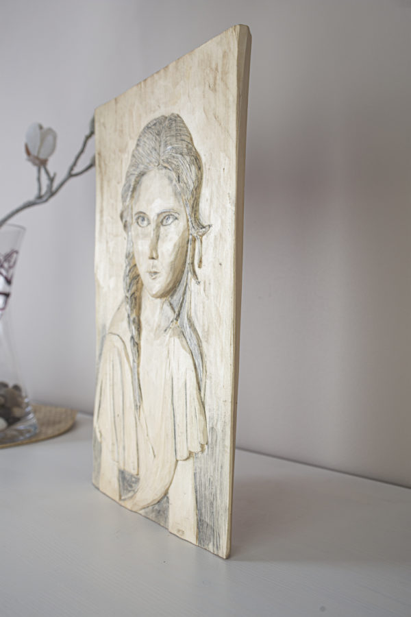 Lupanowe rękodzieło Obraz rzeźbiony w drewnie, styl rustykalny „Kobieta z warkoczem” 3