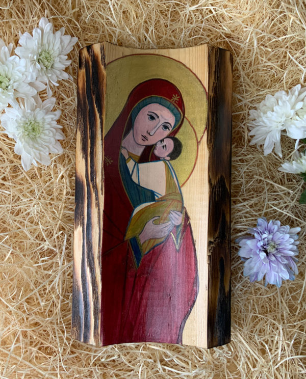 Lupanowe rękodzieło Matka Boża Czuła z Dzieciątkiem – malunek na drewnie 2