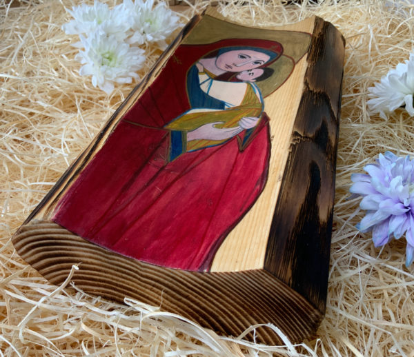 Lupanowe rękodzieło Matka Boża Czuła z Dzieciątkiem – malunek na drewnie 3