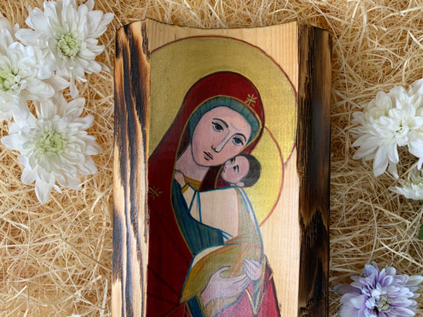 Lupanowe rękodzieło Matka Boża Czuła z Dzieciątkiem – malunek na drewnie 4