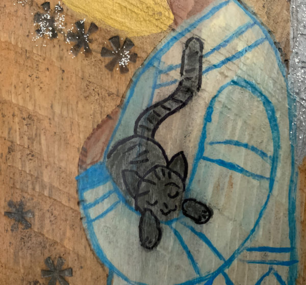 Lupanowe rękodzieło Anioł tulący kota – malunek na starej desce 8