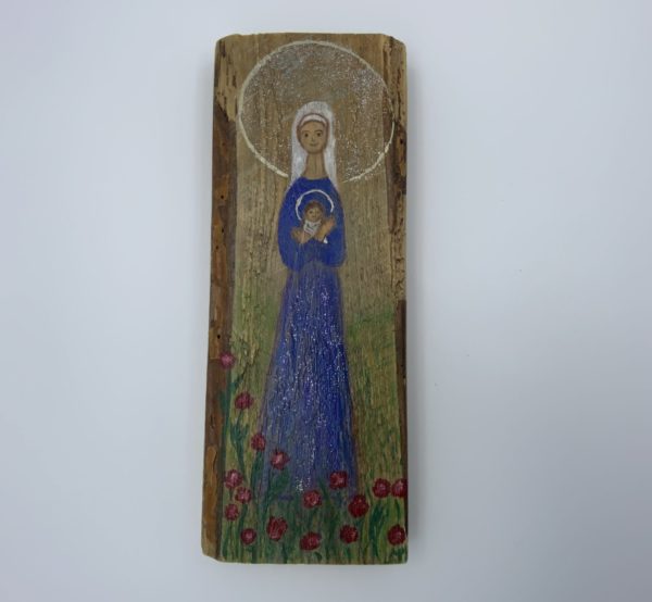 Lupanowe rękodzieło Matka Boża z Dzieciątkiem wśród kwiatów – malunek na starej desce