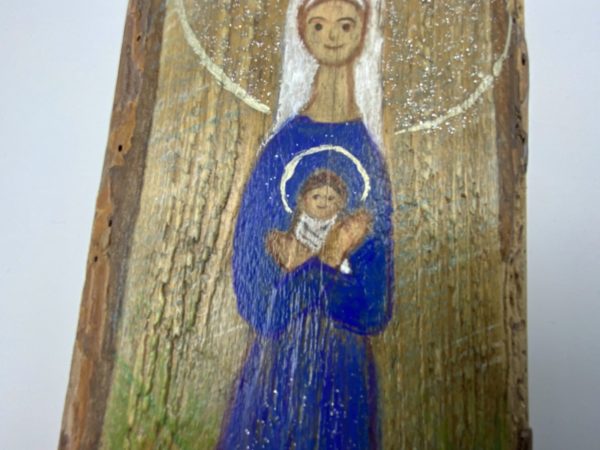Lupanowe rękodzieło Matka Boża z Dzieciątkiem wśród kwiatów – malunek na starej desce 8
